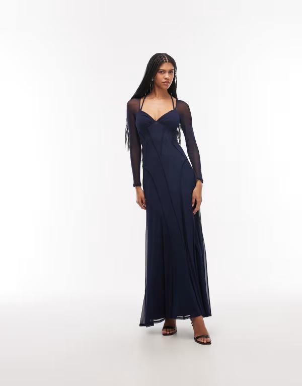 エイソス レディース トップス ワンピース メッシュ マキシ ASOS DESIGN mesh long sleeve maxi dress with exposed seam detailing Navy ネイビー