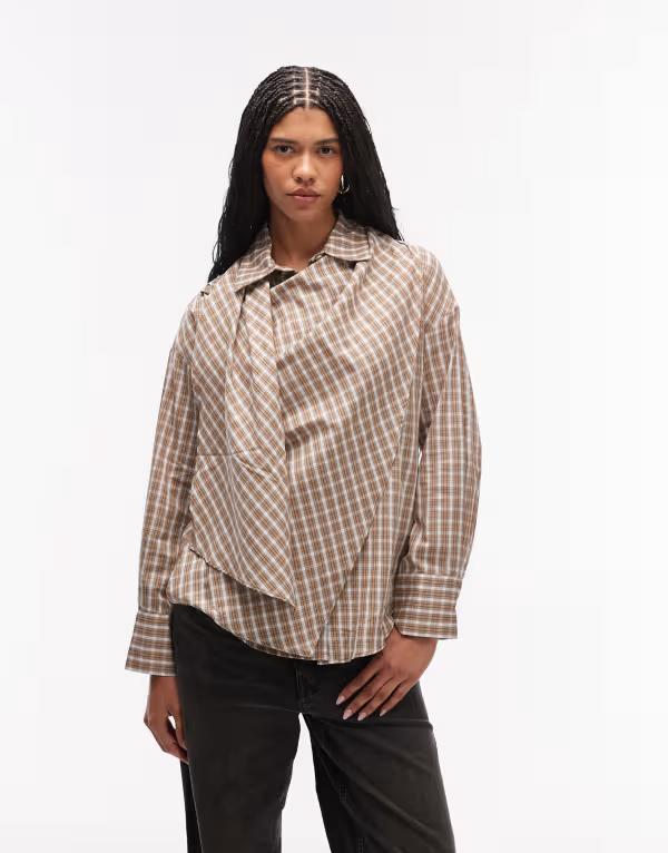 エイソス レディース トップス Tシャツ ASOS DESIGN wrap scarf detail oversized shirt in plaid Check チェック