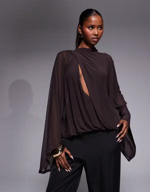 エイソス レディース トップス シャツ ドレープ メッシュ ASOS DESIGN cowl drape blouson mesh top in chocolate チョコレート
