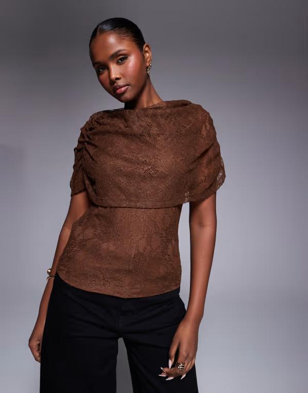 エイソス レディース トップス シャツ ケープデザイン オーバーレイ キャップ ケープ レース ASOS DESIGN lace cape overlay top Brown ブラウン