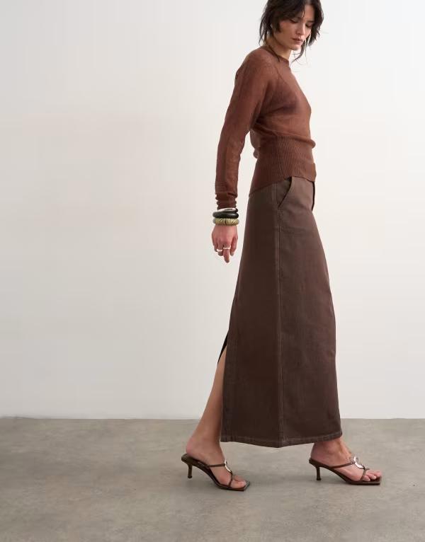 とっ始め販売店 レディース 下つ方スコート ジーンズ マキシ Topshop denim column maxi skirt インチ chocolate 黒茶