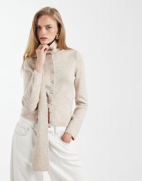 エイソス レディース アウター カーディガン ニット ASOS DESIGN knit scarf detail cardigan in oatmeal オートミール