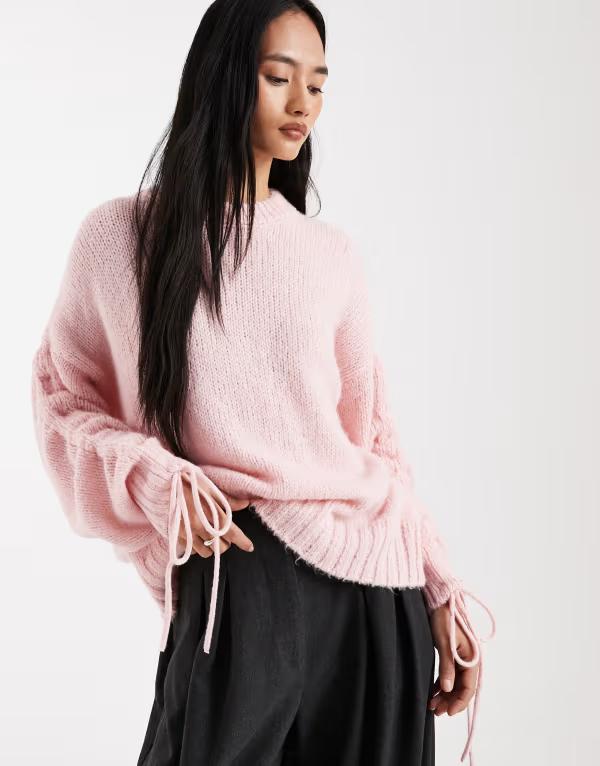 エイソス レディース アウター ニット・セーター ギャザー ASOS DESIGN ruched sleevesweater PINK ピンク