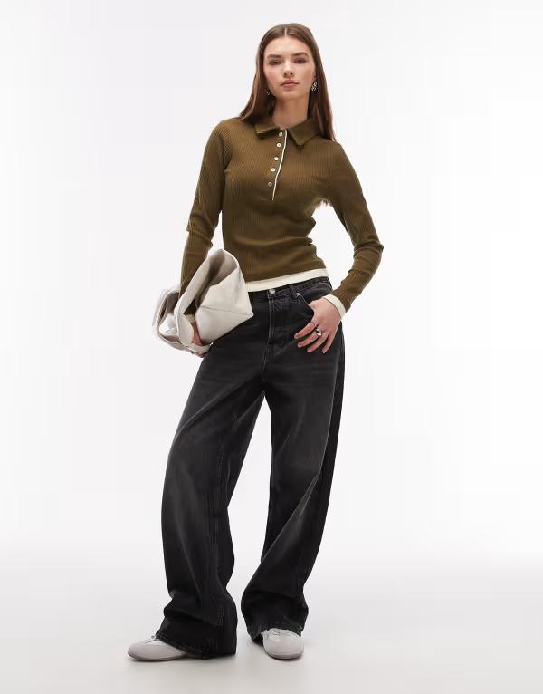 エイソス レディース トップス プルオーバー スポーツシャツ ASOS DESIGN double layer collared button front polo top and cream Khaki \u0026 white 白いこと