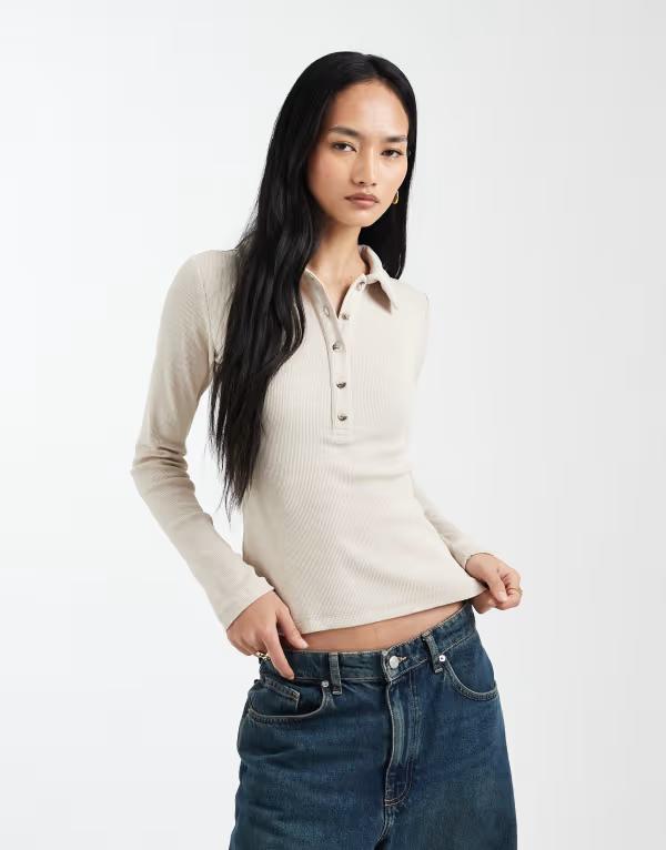 エイソス レディース トップス プルオーバー ASOS DESIGN long sleeve with collar top インチ cream 皮膚軟化剤