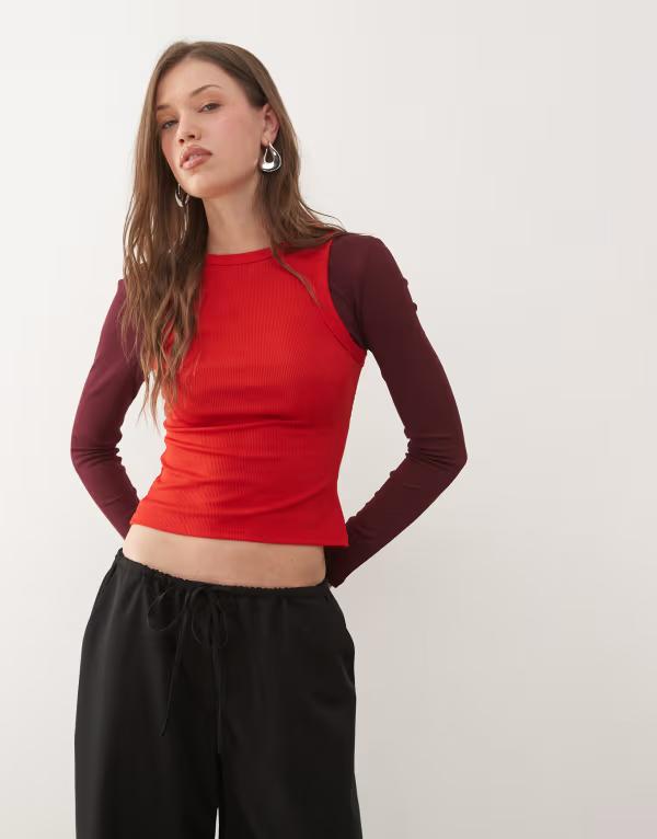 コルージョン レディース トップス プルオーバー メッシュ COLLUSION double layer mesh top and burgandy RED 赤いこと