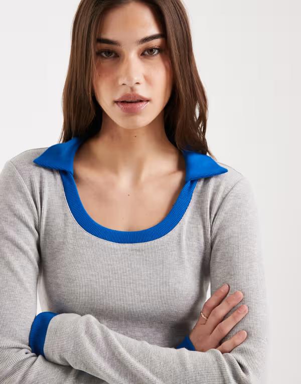 エイソス レディース トップス プルオーバー ASOS DESIGN collar with scoop neck long sleeve double layer top and Gray \u0026 blue 薄墨色