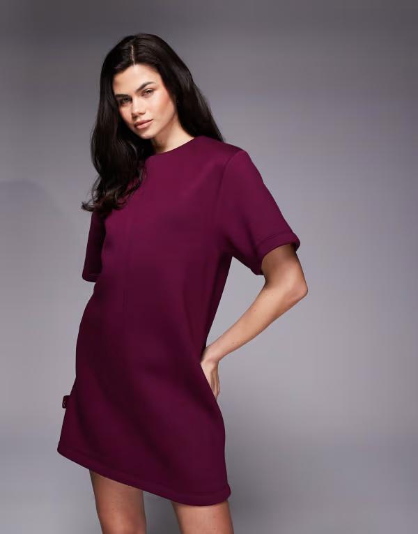 エイソス レディース トップス ワンピース ミニ スキューバ ASOS DESIGN short sleeve oversized mini dresstructured scuba-style fabric Burgundy バーガンディ