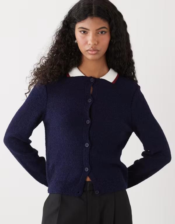 リクレイム ヴィンテージ レディース アウター カーディガン リブ Reclaimed Vintage neat fit cardigan with ribbed collar NAVY ネイビー