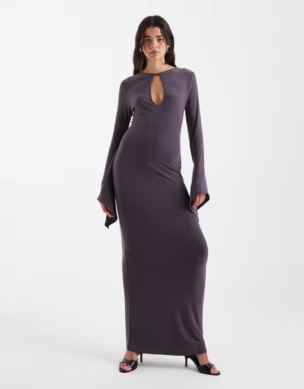 エイソス レディース トップス ワンピース アシンメトリー マキシ ASOS DESIGN angel sleeve asymmetric maxi dress in charcoal チャコール