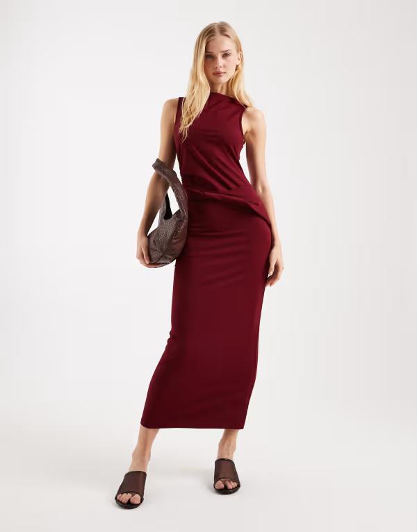 エイソス レディース トップス ワンピース ミディ ノースリーブ ASOS DESIGN slash neck sleeveless midi dress with twist detail Burgundy バーガンディ