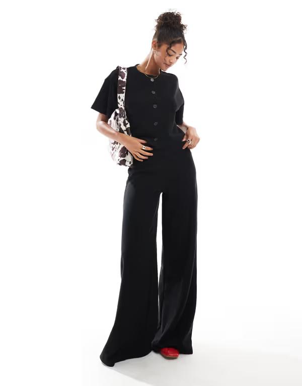 ミスセルフフリッジ レディース ボトムス 心地好いズボン下 ワイドレッグ Misselfridge soft rib wide leg pants Black 黒いこと