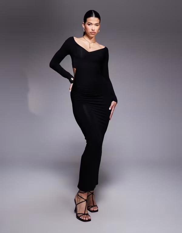 エイソス レディース トップス ワンピース カットアウト ASOS DESIGN shoulder grazer cut out strap back midaxi dress Black ブラック