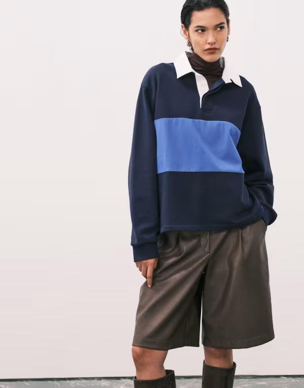 エイソス レディース アウター 編み物・プルオーバー スポーツシャツ 流汗 プルオーバー ASOS DESIGN heavyweight rugby polo sweatshirt with blue stripe Navy \u0026 red stripe 米国海軍 ニット・セーター-レディースファッション