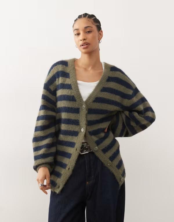 モンキ レディース アウター カーディガン ニット Monki oversized knit cardigan in olive green and navy stripes Khaki Green and Navy ネイビー