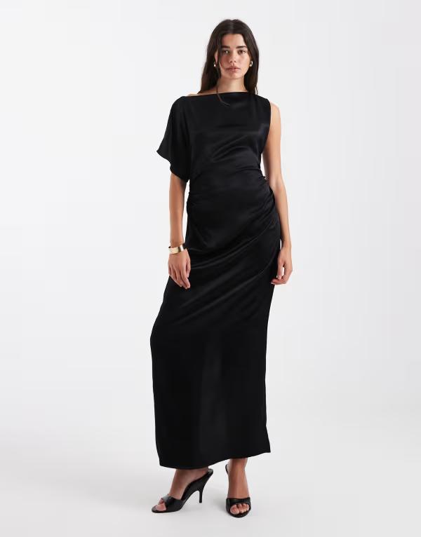 エイソス レディース トップス 衣装 ケープひな型 非対称 midi 繻子 旗がしら ケープ ASOS DESIGN satin cape asymmetric MIDI dress Black 黒いこと