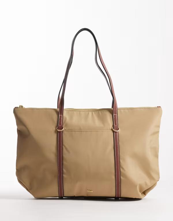 マンゴ レディース バッグ コントラスト Mango classic tote bag with contrastraps in tan タン
