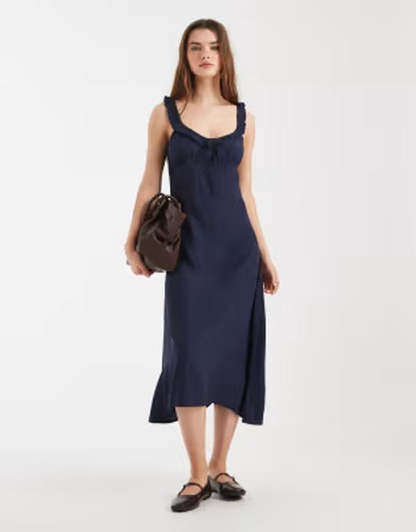 コットンオン レディース トップス ワンピース ミディ Cotton layla frill trimidi dress in winter night navy WINTER NIGHT ネイビー｜ReVida 店