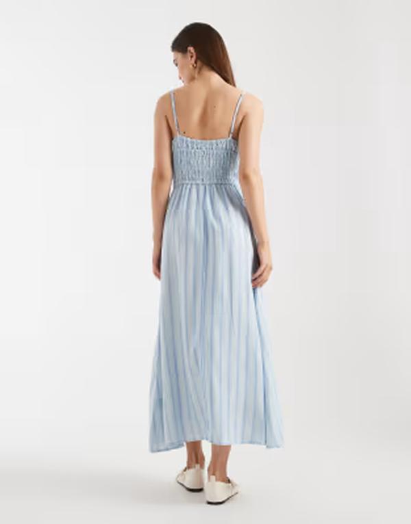 コットンオン レディース トップス ワンピース ミディ リネン Cotton haven linen blend strappy midi dress in amy blue stripes AMY STRIPED BLUE ブルー|ReVida 店