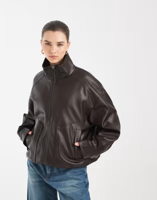 エイソス レディース アウター ジャケット・ブルゾン レザー ASOS DESIGN oversized leather look funnel bomber jacket in chocolate チョコレート