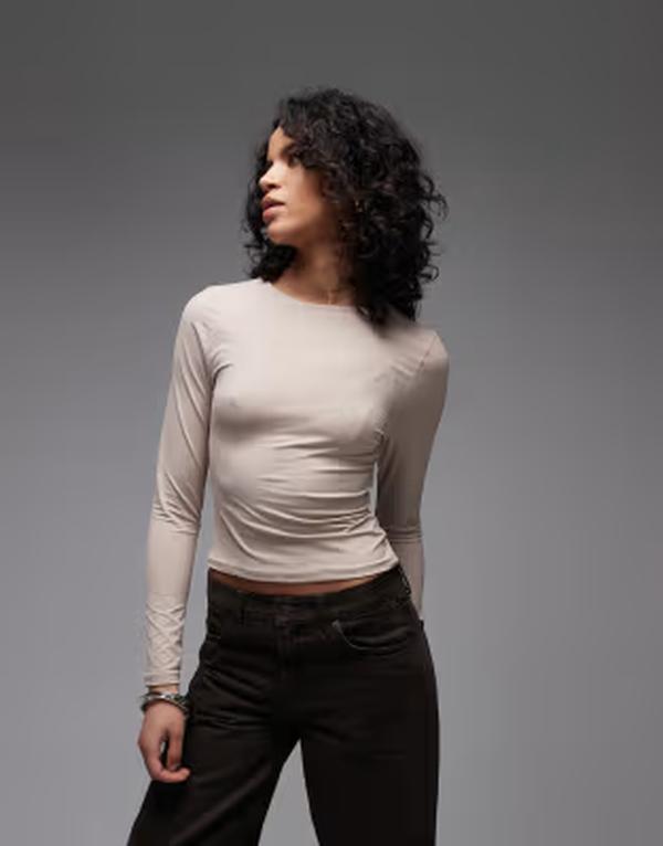 エイソス レディース トップス シャツ ASOS DESIGN polyamide slinky long sleeve top in stone ストーン