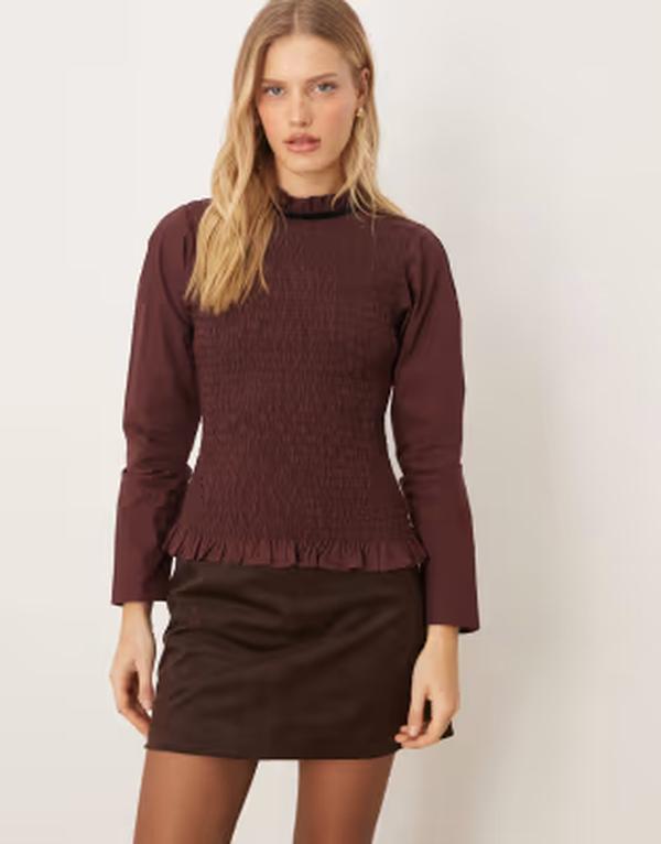 エイソス レディース トップス シャツ オープンバック シャーリング ASOS DESIGN long sleeve smocked top with open back Brown ブラウン