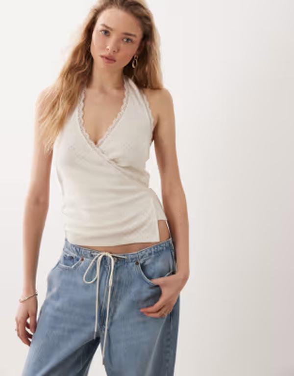 ミスセルフフリッジ レディース トップス シャツ ホルター Misselfridge pointelle halterneck wrap top in cream クリーム