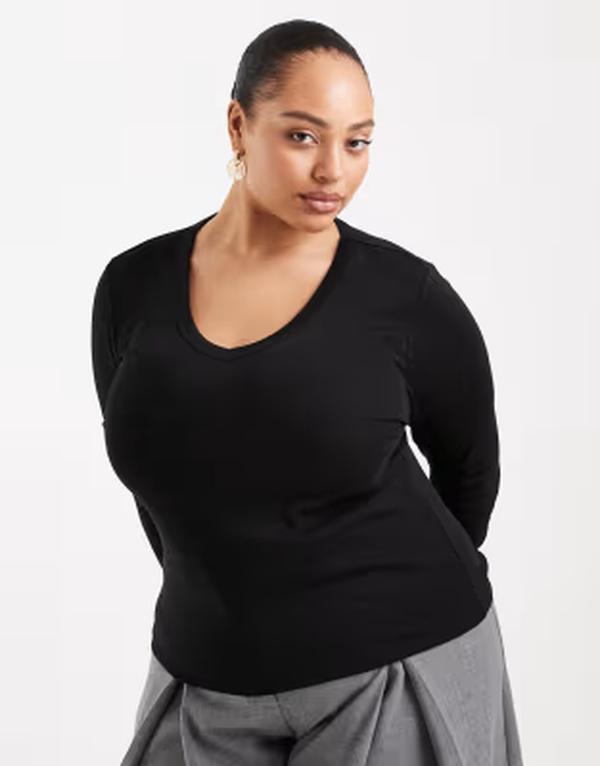 オンリーカーブ レディース トップス Tシャツ Vネック ONLY Curve v-neck long sleeve top Black ブラック