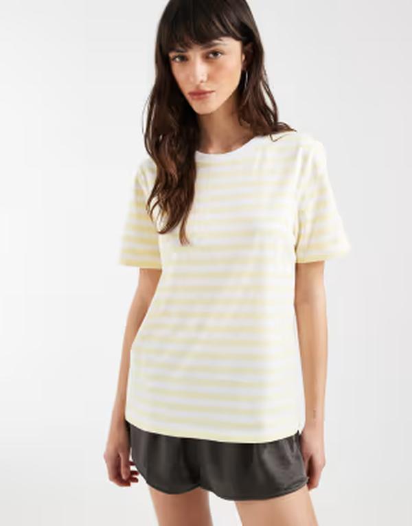 ピーシーズ レディース トップス ティーシャツ Pieceshort sleeve boxy T-shirt インチ pale yellow and white stripe French vanilla 白いこと トップス-レディースファッション