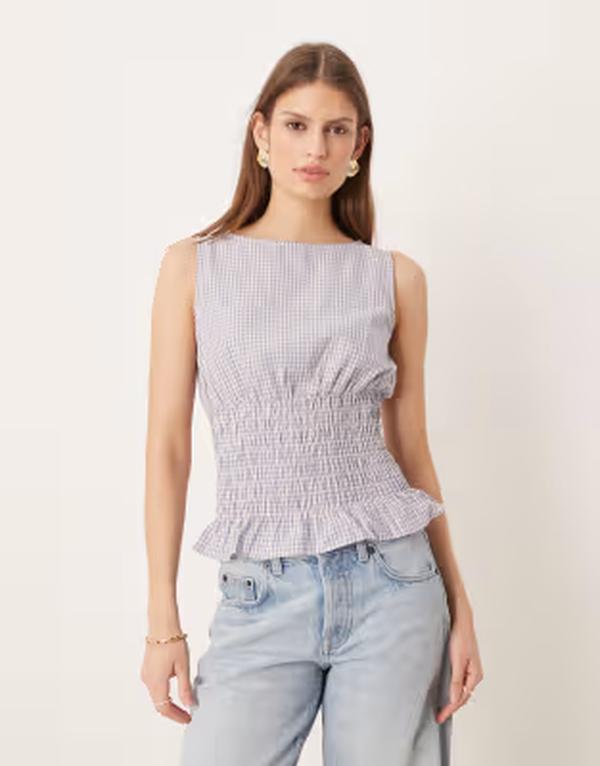 グラマラス レディース トップス シャツ フリル裾 フリル Glamoroushirred waistop with ruffle hem plaid Blue check ブルー