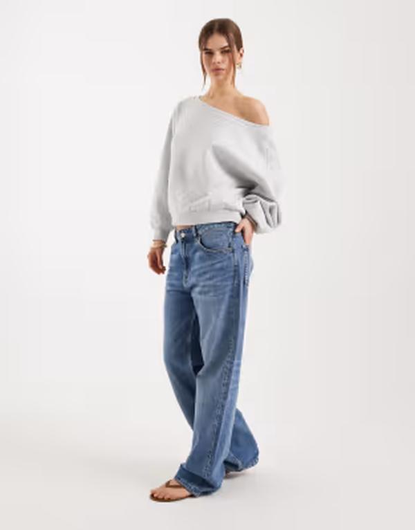 オンリー レディース アウター パーカー・スウェット アシンメトリー シャツ ONLY asymmetric neck sweatshirt Gray グレー