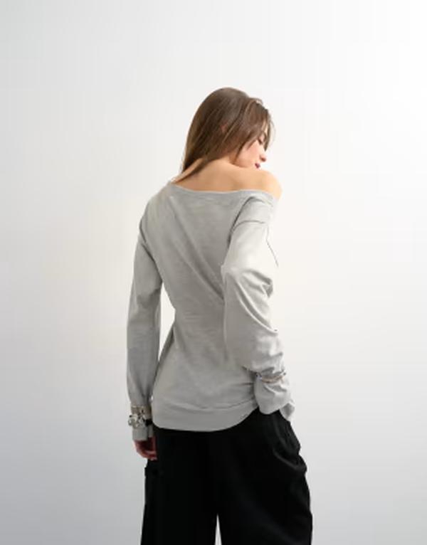 とっ始め販売店 レディース トップス ティーシャツ Topshop cinch off the shoulder top インチ heather Gray Heather 薄墨色 レディースファッション-Tシャツ・カットソー