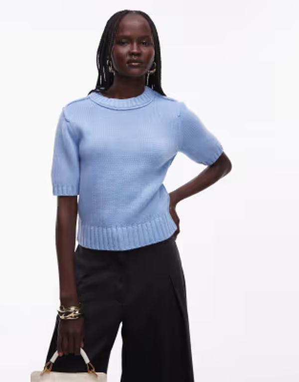 アンドアザーストーリーズ レディース トップス Tシャツ ウール セーター コットン ニット & Other Stories cotton wool blend short sleeve knit sweater in light BLUE ブルー