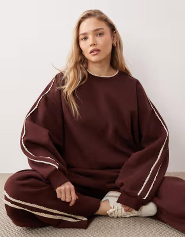 エイソス レディース トップス Tシャツ スウェット レース ASOS DESIGN brushback sweatshirt with crochet lace detail in chocolate - part of a set Chocolate チョコレート