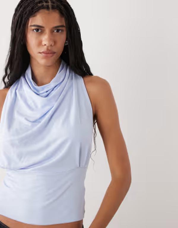 ウィークデイ レディース トップス Tシャツ ホルター Weekday halter neck top with snatched waist in light blue ブルー