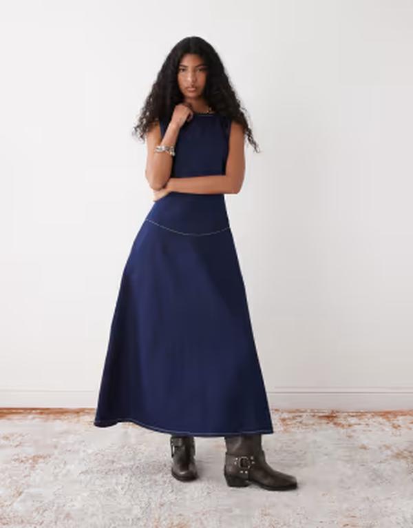 リクレイム ヴィンテージ レディース トップス 衣装 ジーンズ マキシ Reclaimed Vintage drop waist pinafore denimaxi dress Indigo インディゴ