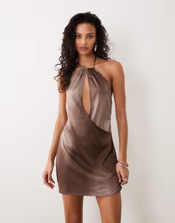 モーテル レディース トップス ワンピース ミニ ホルター Motel Veslina keyhole halter mini dress BROWN ブラウン