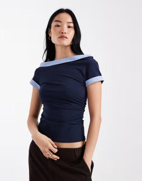 エイソス レディース トップス プルオーバー ASOS DESIGN hybrid fallen shoulder striped poplin hem top NAVY 米国海軍