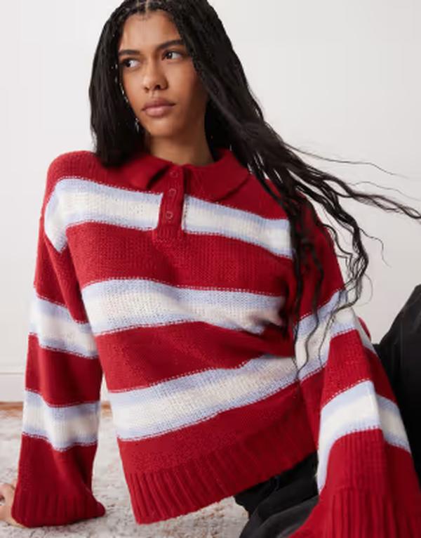 リクレイム ヴィンテージ レディース アウター ニット・セーター Reclaimed Vintage stripe flare sleeve sweater with collar detail Red stripe レッド