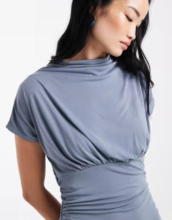 エイソス レディース トップス ワンピース ウエストマーク スタンドネック マキシ ASOS DESIGN funnel neck cinched waist maxi dress Gray グレー