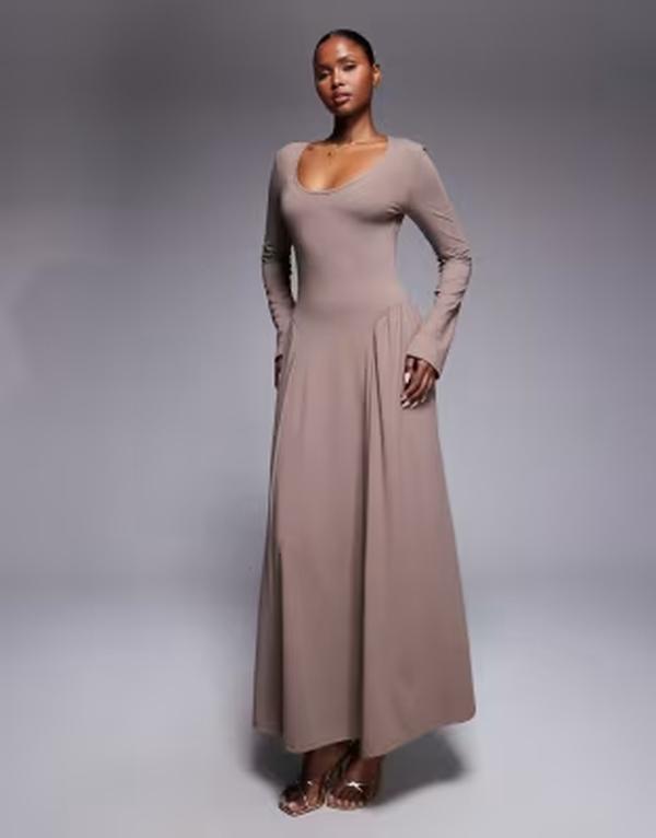 エイソス レディース トップス ワンピース ミディ ASOS DESIGN scoop neck long sleeve drop waist midi dress BROWN ブラウン