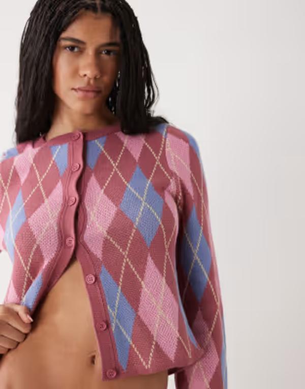 リクレイム ヴィンテージ レディース アウター カーディガン Reclaimed Vintage argyle shrunken cardi PINK ピンク