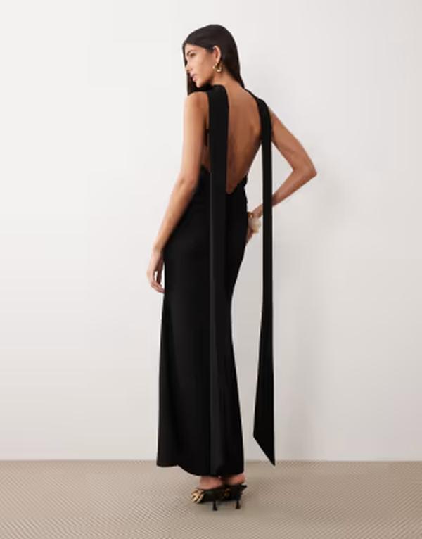 エイソス レディース トップス ワンピース クレープ スキューバ マキシ ASOS DESIGN crepe scarf detail maxi dress with plunge back in scuba-style fabric Black ブラック