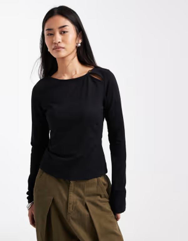 エイソス レディース トップス プルオーバー ASOS DESIGN long sleeve with button detail top Black 黒いこと