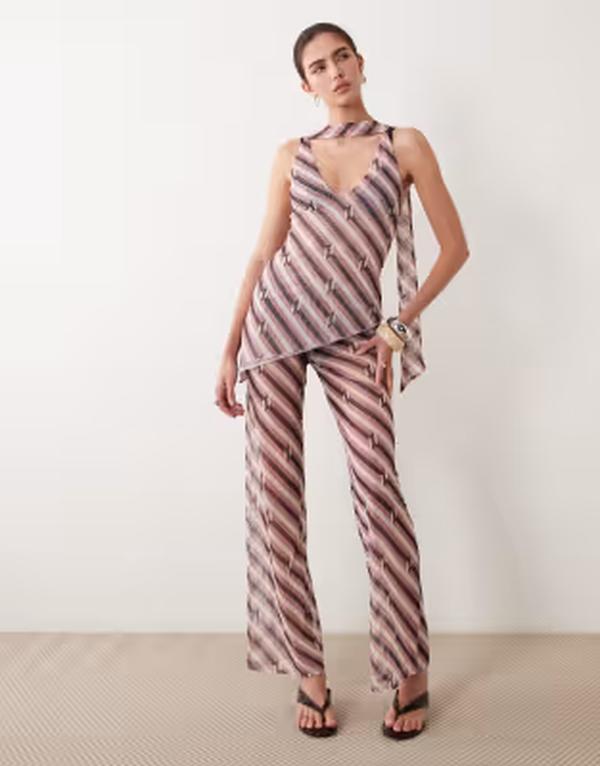 エイソス レディース ボトムス カジュアルパンツ プリント メッシュ ASOS DESIGN printed mesh flared pants - part of a set Stripe ストライプ｜ReVida 店