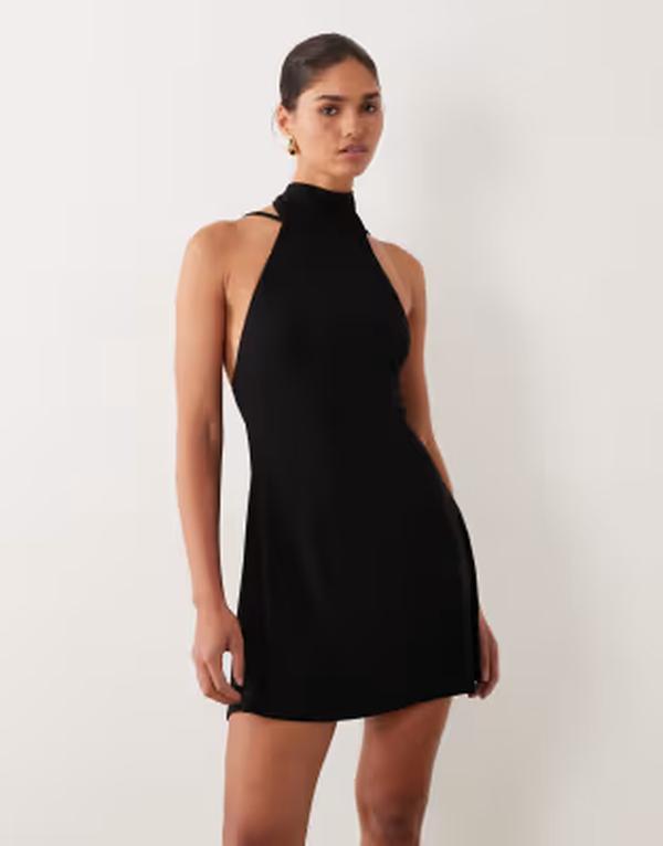 エイソス レディース トップス 衣装 後ろ側くい違い ミニ ASOS DESIGN backless flippy mini dress with scarf detail Black 黒いこと ワンピース-レディースファッション