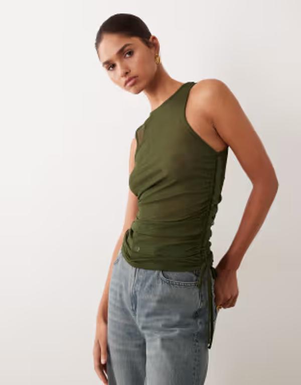 エイソス レディース トップス プルオーバー ギャザー 肋材 シアー ノースリーブ ASOS DESIGN sheeribbed sleeveless top with ruched ties インチ olive オリーブ