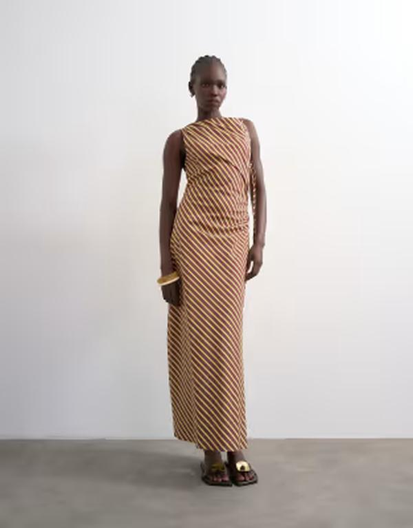 とっ始め販売店 レディース トップス 衣装 ギャザー midi Topshop ruched side gathered shoulder MIDI dress and lime stripes Multi マルチ色つや