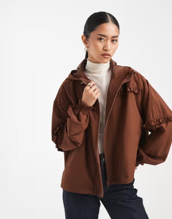 ミスセルフフリッジ レディース アウター 上衣・上衣 酉の方角目じるし Misselfridge frill cinched waist windbreaker インチ chocolate 黒茶