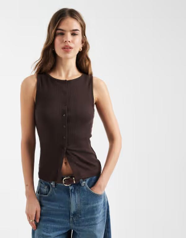 ブレーブソウル レディース トップス タンクトップ ボタンダウン Brave Soul button down tank top in chocolate BROWN ブラウン